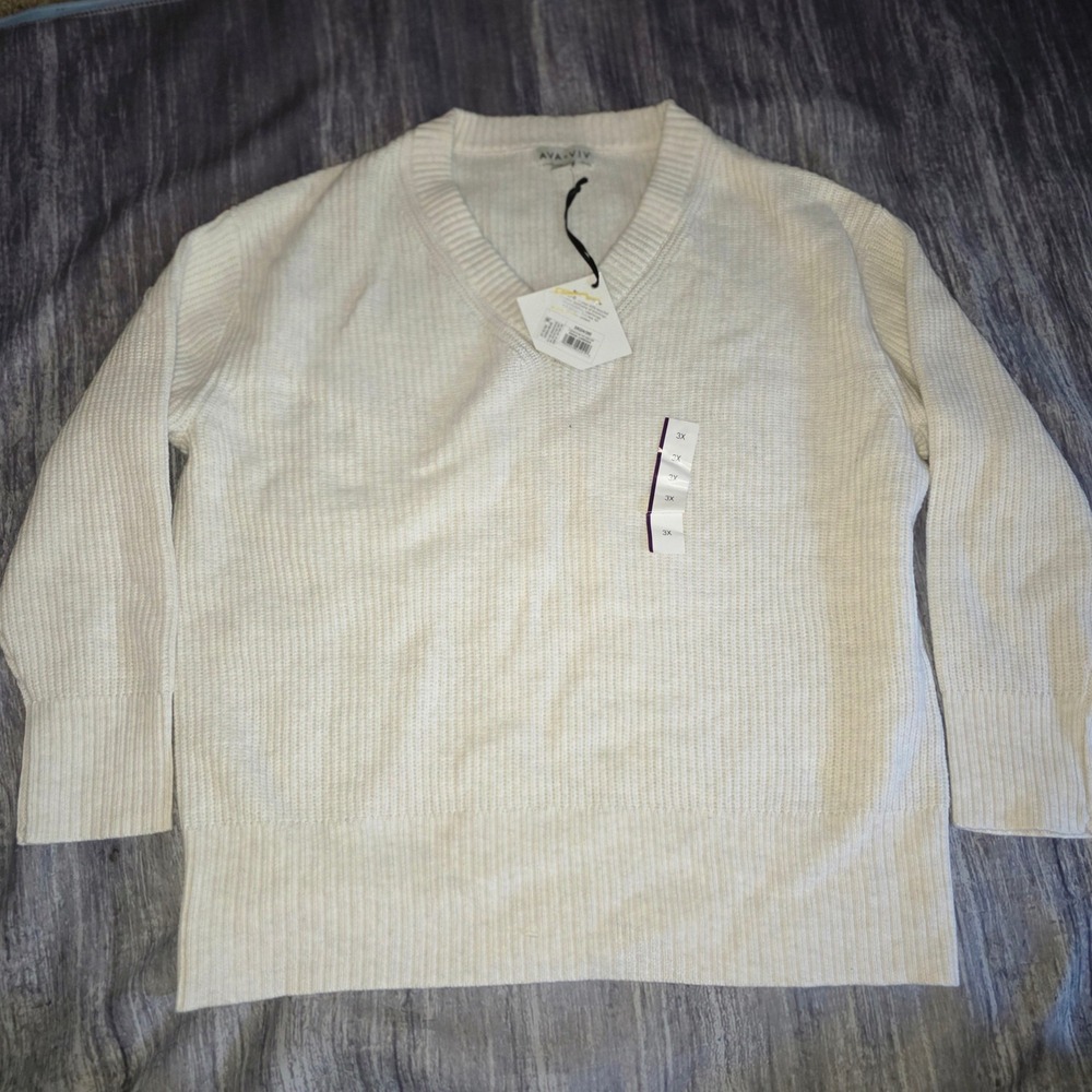Ava & Viv Women 3X Oatmeal Cream Ribbed V-Neck Pullover Sweater NWT 021082395